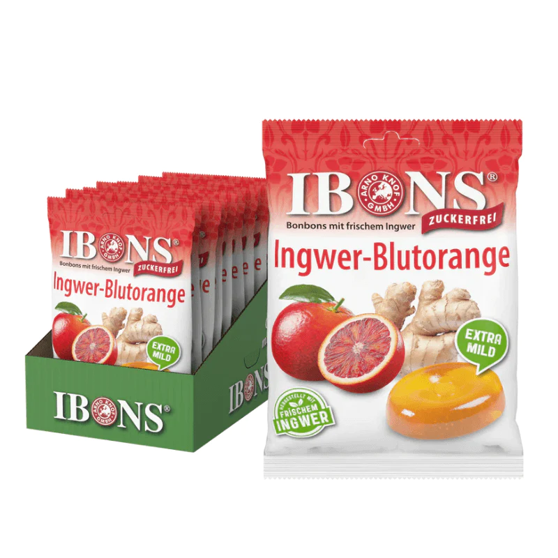IBONS Ingwer Bonbon Display Blutorange ohne Zucker 10x75g