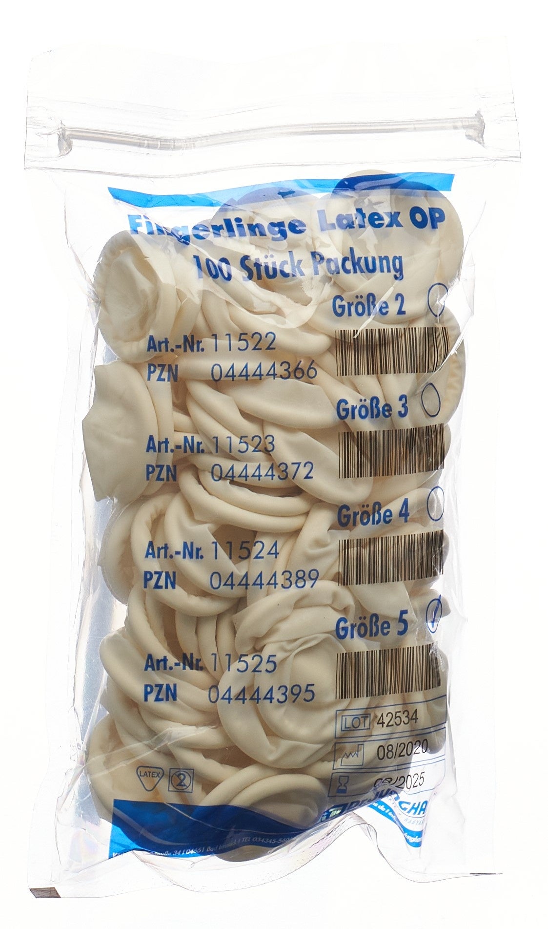 Dr. Junghans Fingerlinge Latex gerollt Gr5 puderfrei und unsteril 100 Stück