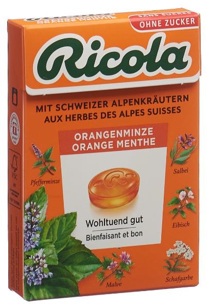 Ricola Orangen-Minze Kräuterbonbons ohne Zucker mit Stevia Box 50g