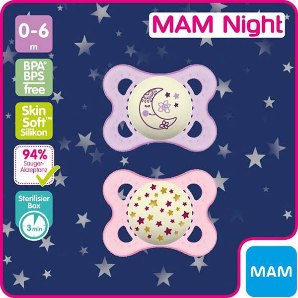 MAM Night Nuggi Silikon 0-6 Monate Girl 2 Stück