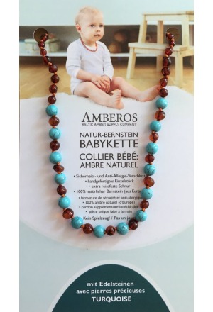 AMBEROS Natur Bernsteinkette mit Edelsteinen Baroque Cognac Turquoise