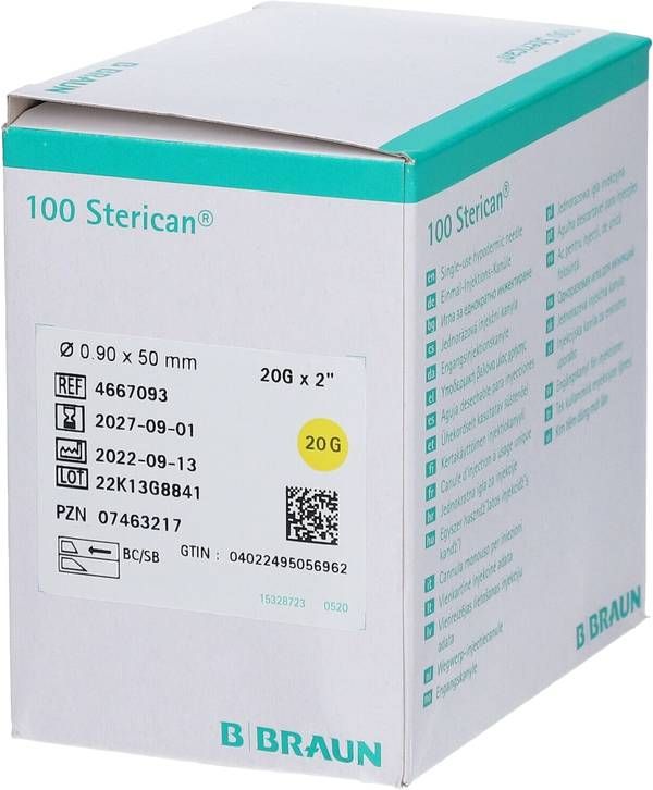 STERICAN Kanüle G20 0.9x50mm 2 kurz gelb 100 Stück STERICAN Kanüle G20 0.9x50mm 2 kurz gelb 100 Stück