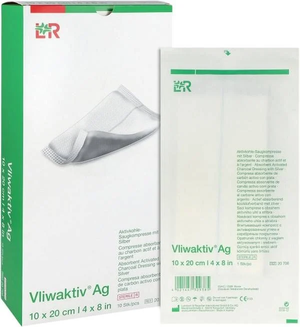 VLIWAKTIV Ag Aktivkohle Verband 10x20cm steril 10 Stück