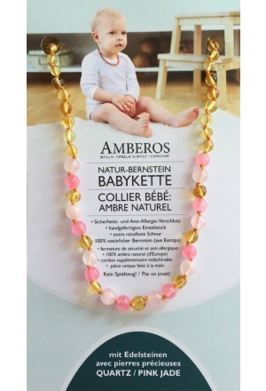 AMBEROS Natur Bernsteinkette mit Edelsteinen Baroque Lemon Quartz Pink Jade