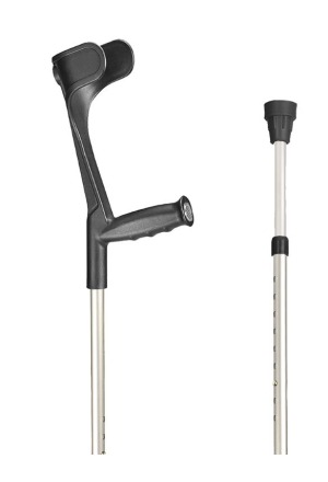 Sahag Krücken Ergo Softgriff 76-96cm alu schwarz -140kg Druckknopf 2 Reflektoren 1 Paar